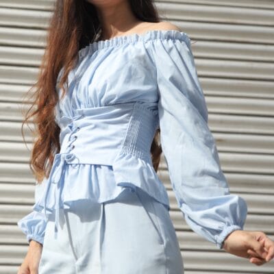 Off-Shoulder Lace-Up Blouse Light Blue