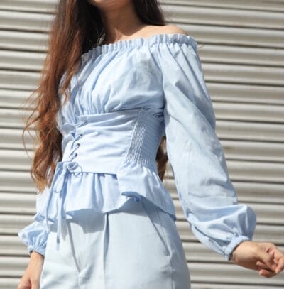 Off-Shoulder Lace-Up Blouse Light Blue