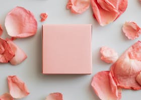 Top view of close up colorful gift box with scattered pink petals on smooth white surface