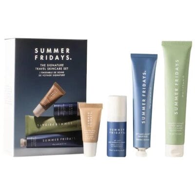 Summer Fridays The Signature Travel Skincare Set is a collection of best-selling, effortless on-the-go skincare essentials that deliver visibly healthy, radiant, and hydrated skin. This set includes the award-winning Jet Lag Mask, Vanilla Lip Balm, Jet Lag Hydrating Serum, Summer Fridays Super Amino Cleansing Gel, and Jet Lag Night Eye Serum. Is your skin feeling stressed, tired, and thirsty? These products nourish and hydrate, leaving skin renewed, radiant, and ready for anything.